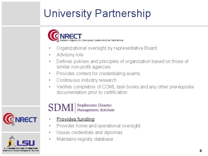 University Partnership • • • Organizational oversight by representative Board Advisory role Defines policies