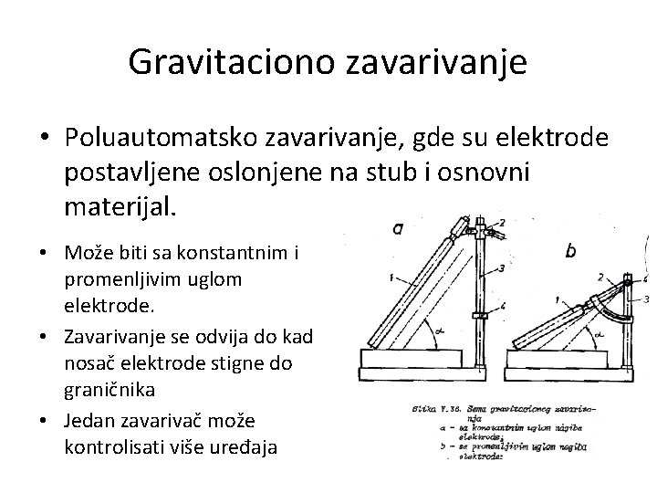 Gravitaciono zavarivanje • Poluautomatsko zavarivanje, gde su elektrode postavljene oslonjene na stub i osnovni