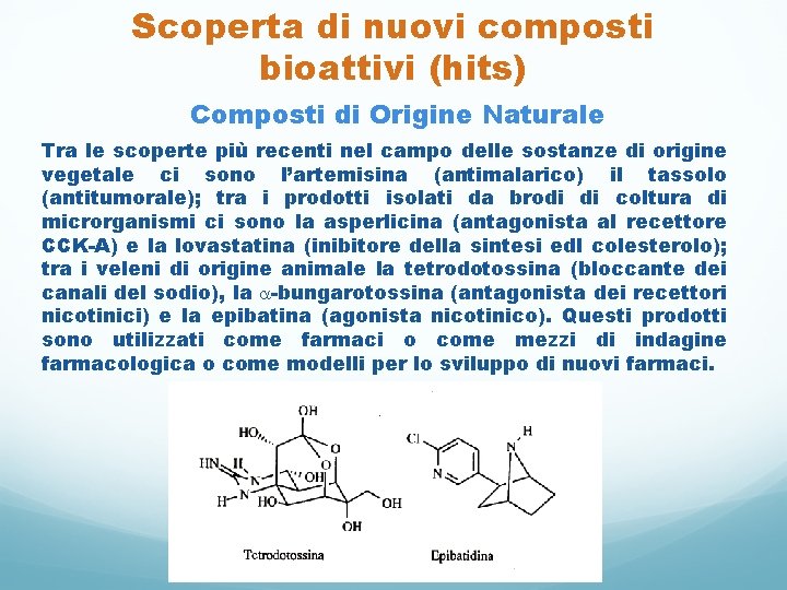 Scoperta di nuovi composti bioattivi (hits) Composti di Origine Naturale Tra le scoperte più