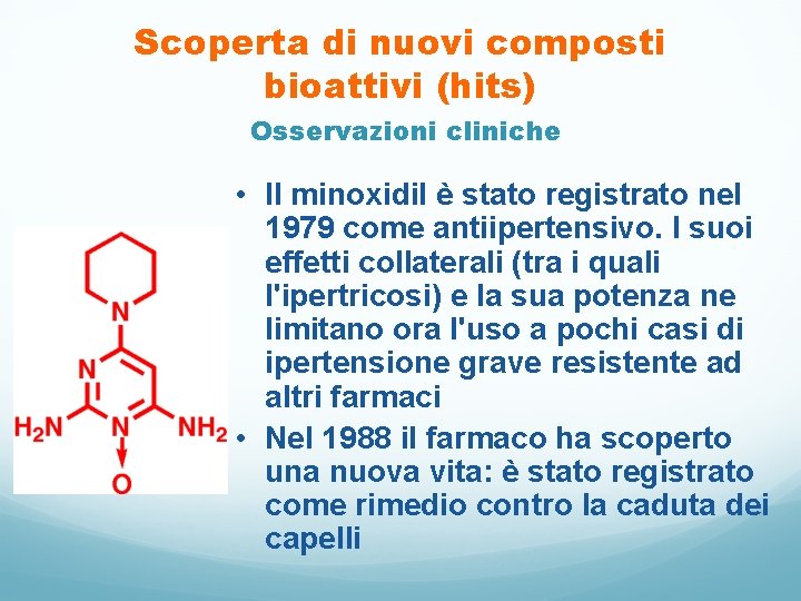 Scoperta di nuovi composti bioattivi (hits) Osservazioni cliniche • Il minoxidil è stato registrato