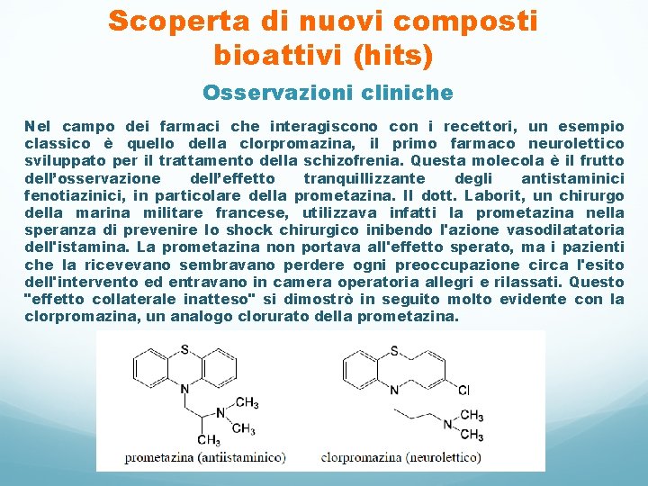 Scoperta di nuovi composti bioattivi (hits) Osservazioni cliniche Nel campo dei farmaci che interagiscono