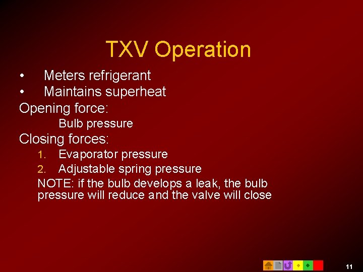 TXV Operation • Meters refrigerant • Maintains superheat Opening force: Bulb pressure Closing forces: