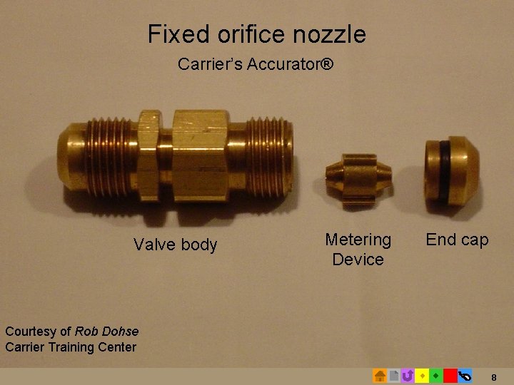 Fixed orifice nozzle Carrier’s Accurator® Valve body Metering Device End cap Courtesy of Rob