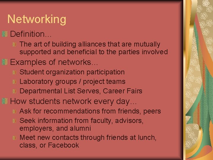 Networking Definition… The art of building alliances that are mutually supported and beneficial to Networking Definition… The art of building alliances that are mutually supported and beneficial to