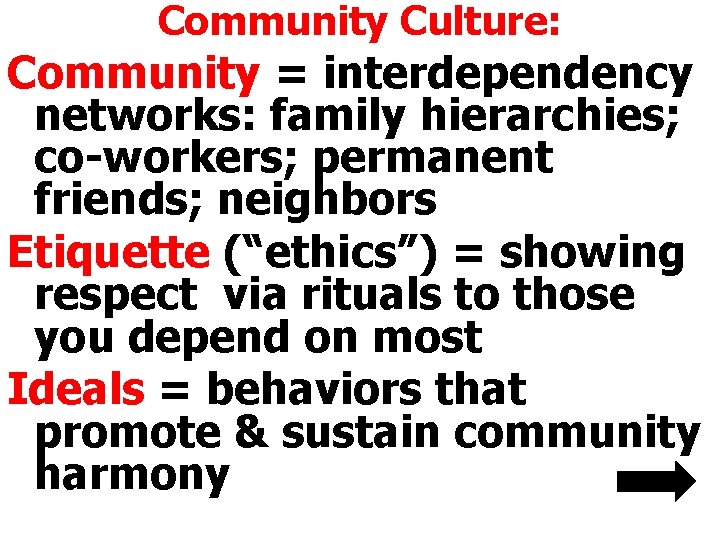 Community Culture: Community = interdependency networks: family hierarchies; co-workers; permanent friends; neighbors Etiquette (“ethics”)