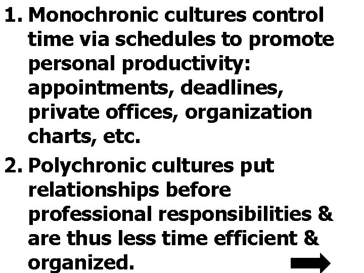 1. Monochronic cultures control time via schedules to promote personal productivity: appointments, deadlines, private