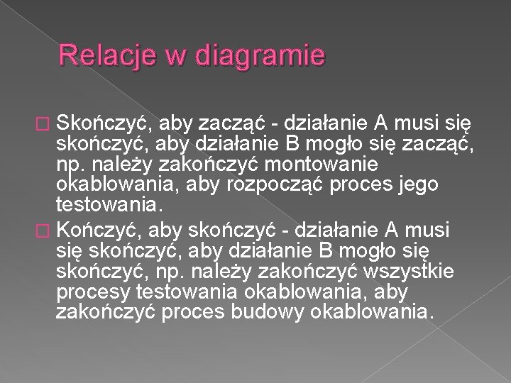 Relacje w diagramie � Skończyć, aby zacząć - działanie A musi się skończyć, aby