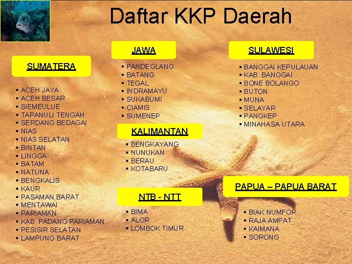 Daftar KKP Daerah JAWA SUMATERA § ACEH JAYA § ACEH BESAR § SIEMEULUE §