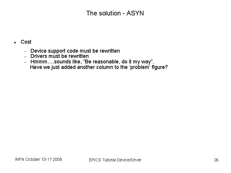 The solution - ASYN Cost Device support code must be rewritten Drivers must be The solution - ASYN Cost Device support code must be rewritten Drivers must be