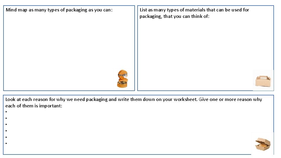 Mind map as many types of packaging as you can: List as many types
