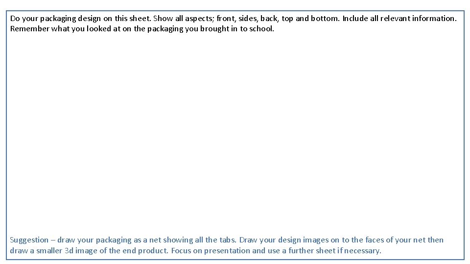 Do your packaging design on this sheet. Show all aspects; front, sides, back, top