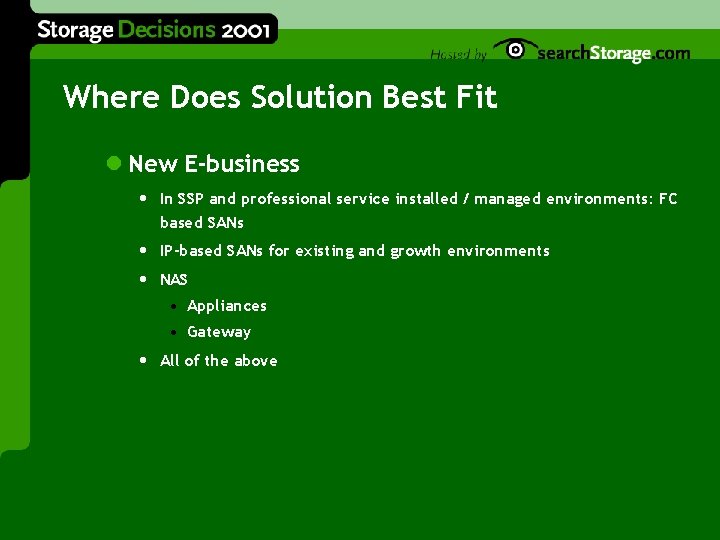 Where Does Solution Best Fit l New E-business • In SSP and professional service