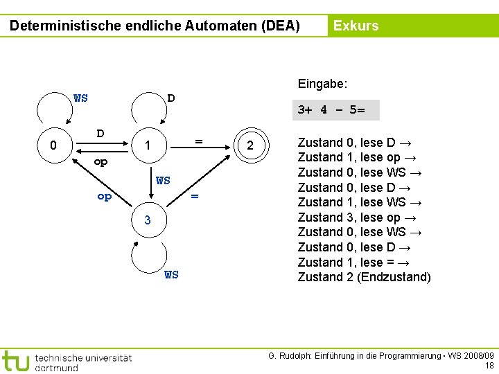 Deterministische endliche Automaten (DEA) Kapitel 5 Exkurs Eingabe: WS 0 D D 3+ 4