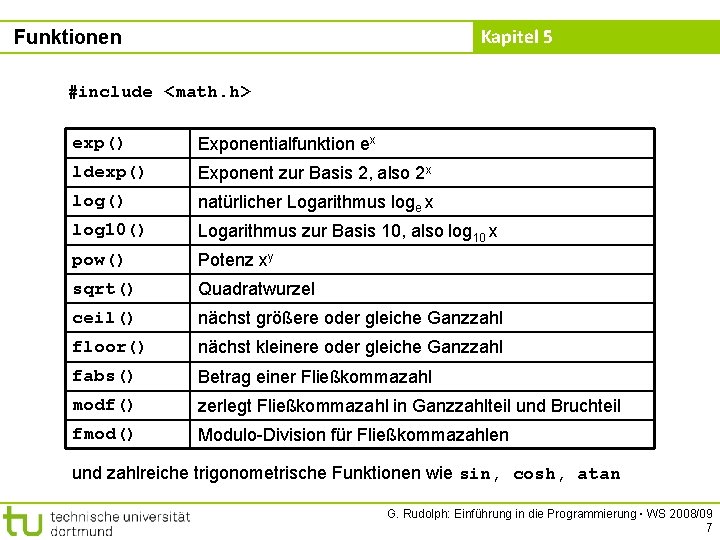 Kapitel 5 Funktionen #include <math. h> exp() Exponentialfunktion ex ldexp() Exponent zur Basis 2,