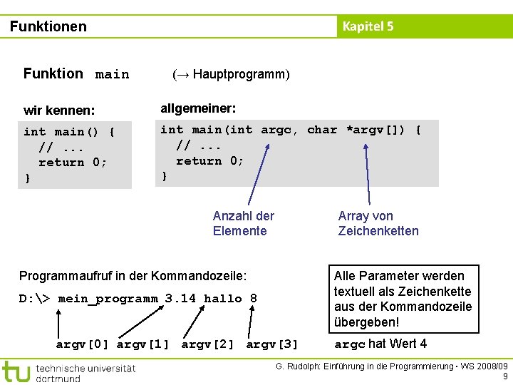 Kapitel 5 Funktionen Funktion main (→ Hauptprogramm) wir kennen: allgemeiner: int main() { //.