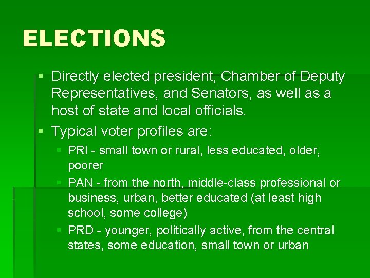 ELECTIONS § Directly elected president, Chamber of Deputy Representatives, and Senators, as well as