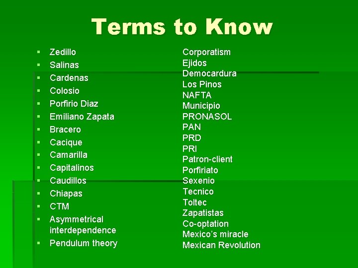 Terms to Know § § § § Zedillo Salinas Cardenas Colosio Porfirio Diaz Emiliano