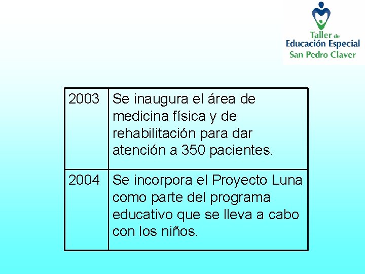 2003 Se inaugura el área de medicina física y de rehabilitación para dar atención