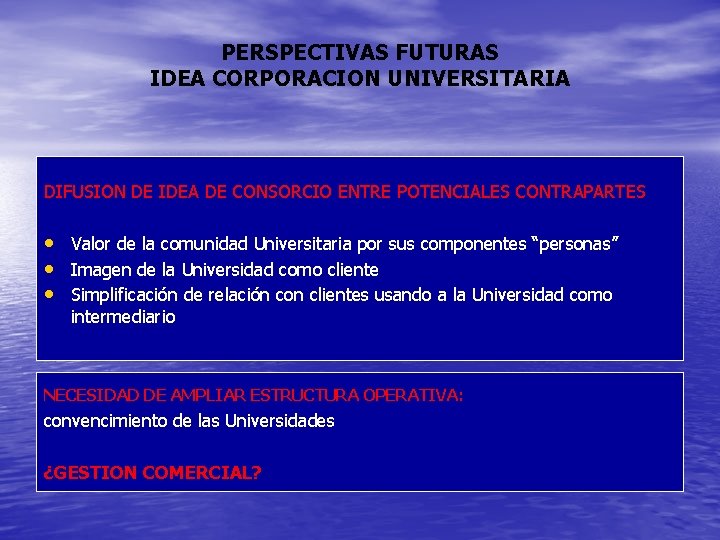 PERSPECTIVAS FUTURAS IDEA CORPORACION UNIVERSITARIA DIFUSION DE IDEA DE CONSORCIO ENTRE POTENCIALES CONTRAPARTES •