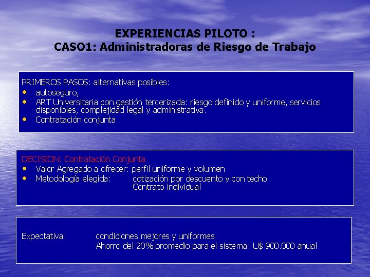 EXPERIENCIAS PILOTO : CASO 1: Administradoras de Riesgo de Trabajo PRIMEROS PASOS: alternativas posibles: