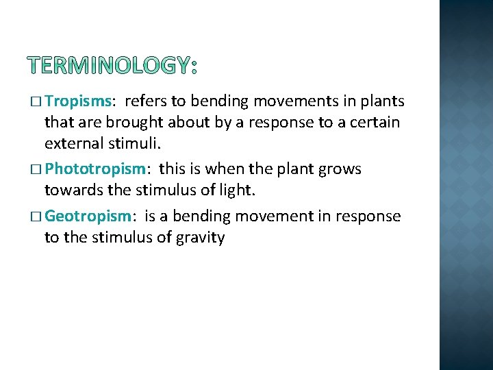 � Tropisms: refers to bending movements in plants that are brought about by a