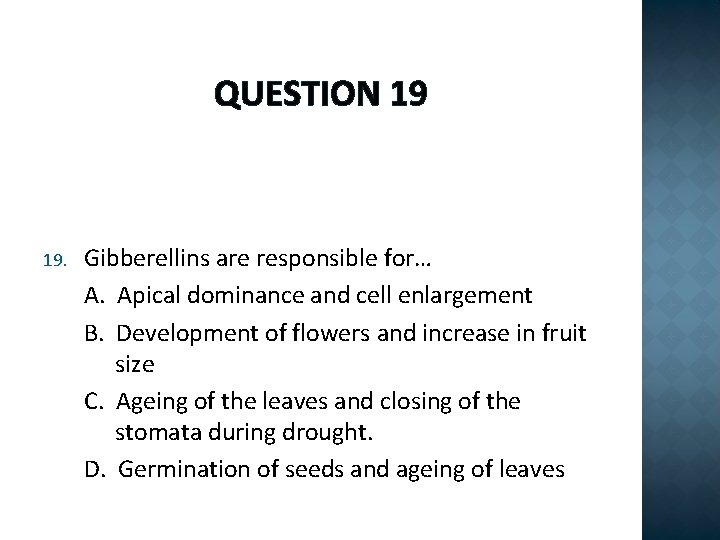 QUESTION 19 19. Gibberellins are responsible for… A. Apical dominance and cell enlargement B.