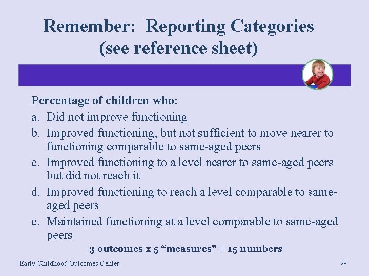 Remember: Reporting Categories (see reference sheet) Percentage of children who: a. Did not improve