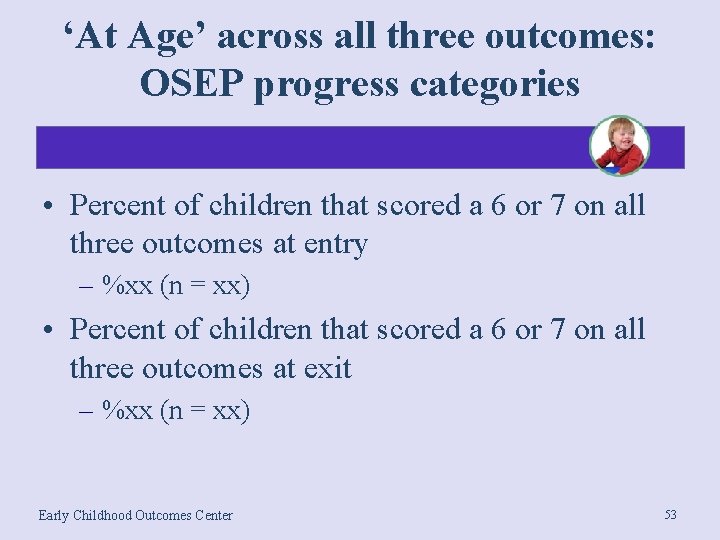 ‘At Age’ across all three outcomes: OSEP progress categories • Percent of children that