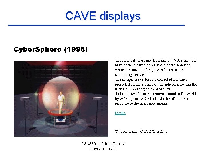 CAVE displays Cyber. Sphere (1998) The scientists Eyre and Eureka in VR-Systems UK have