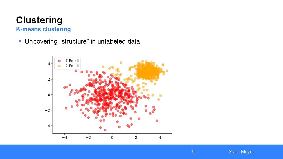 Clustering K-means clustering § Uncovering “structure” in unlabeled data 9 Sven Mayer 