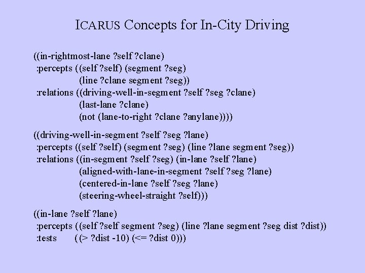 ICARUS Concepts for In-City Driving ((in-rightmost-lane ? self ? clane) : percepts ((self ?