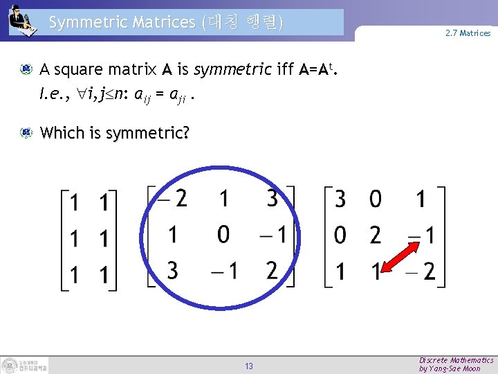 Symmetric Matrices (대칭 행렬) 2. 7 Matrices A square matrix A is symmetric iff