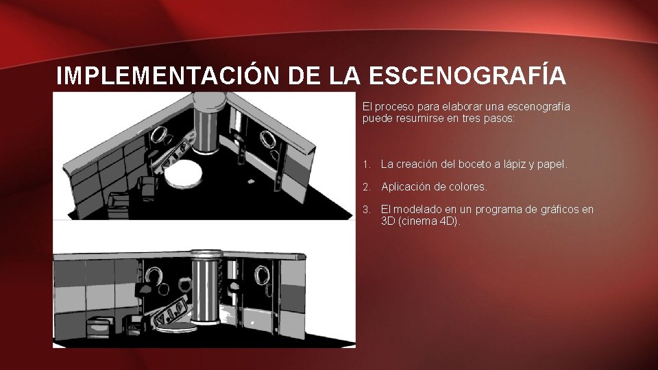 IMPLEMENTACIÓN DE LA ESCENOGRAFÍA El proceso para elaborar una escenografía puede resumirse en tres