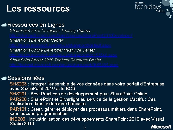 Les ressources Ressources en Lignes Share. Point 2010 Developer Training Course http: //channel 9.