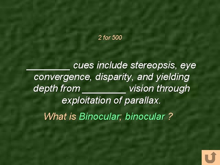 2 for 500 ____ cues include stereopsis, eye convergence, disparity, and yielding depth from