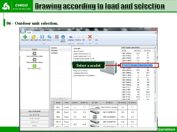 Drawing according to load and selection 06 - Outdoor unit selection. Select a model Drawing according to load and selection 06 - Outdoor unit selection. Select a model