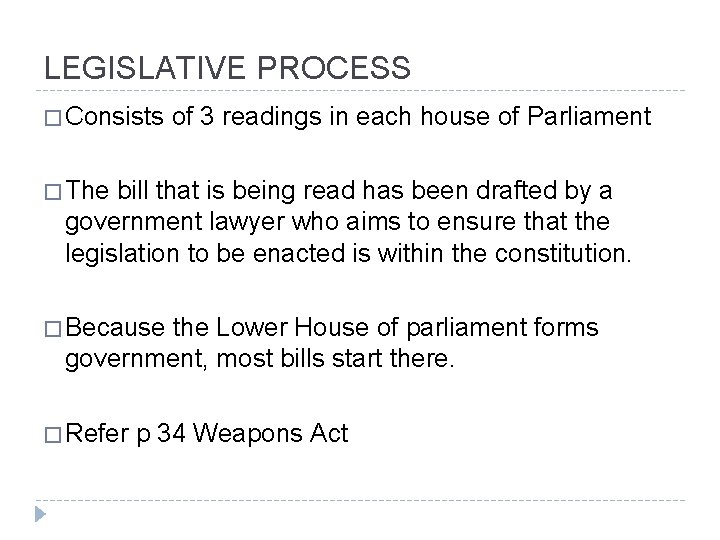 LEGISLATIVE PROCESS � Consists of 3 readings in each house of Parliament � The