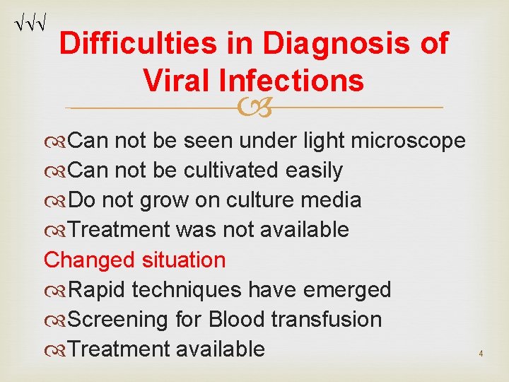 Difficulties in Diagnosis of Viral Infections Can not be seen under light microscope Difficulties in Diagnosis of Viral Infections Can not be seen under light microscope