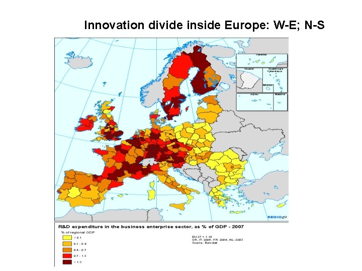 Innovation divide inside Europe: W-E; N-S 