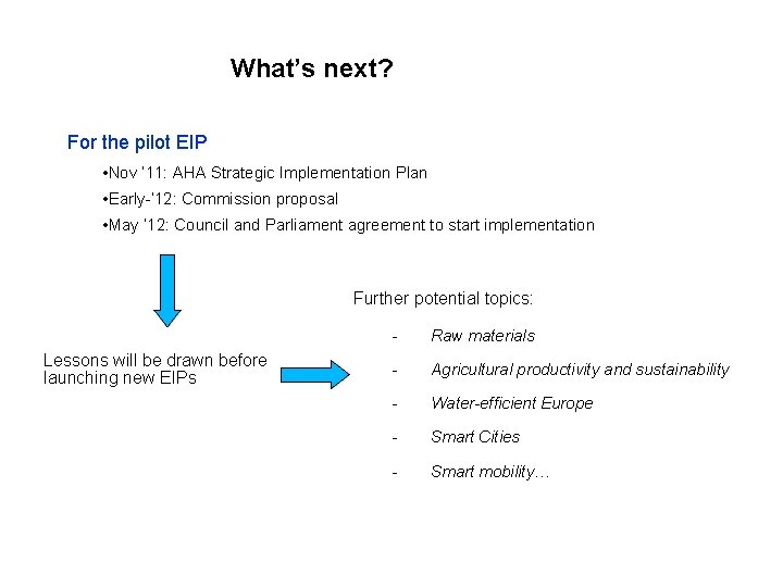 What’s next? For the pilot EIP • Nov ’ 11: AHA Strategic Implementation Plan