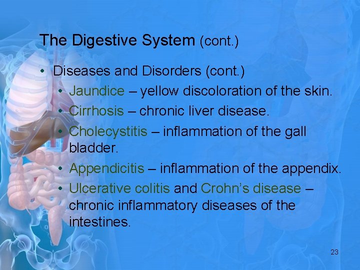 The Digestive System (cont. ) • Diseases and Disorders (cont. ) • Jaundice –