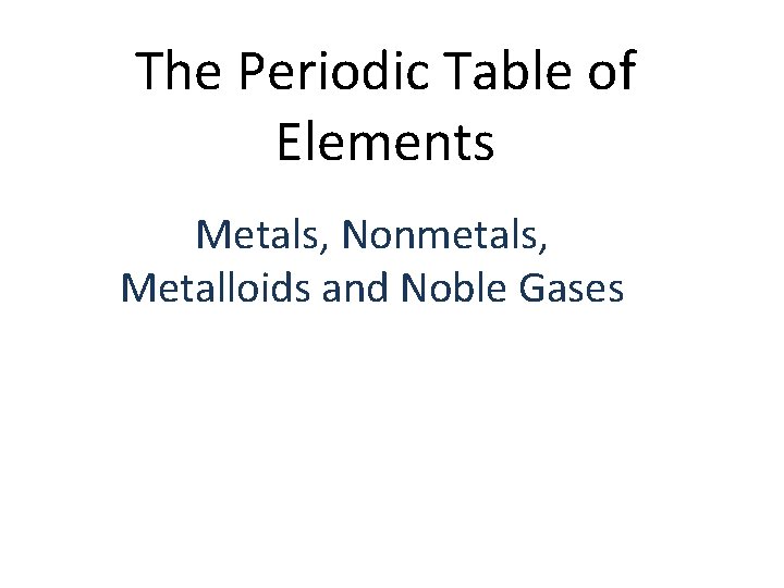 The Periodic Table of Elements Metals, Nonmetals, Metalloids and Noble Gases 