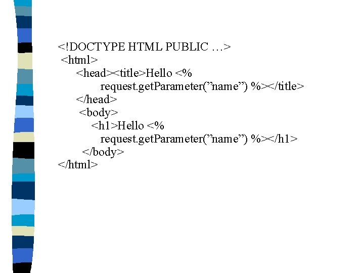 <!DOCTYPE HTML PUBLIC …> <html> <head><title>Hello <% request. get. Parameter(”name”) %></title> </head> <body> <h
