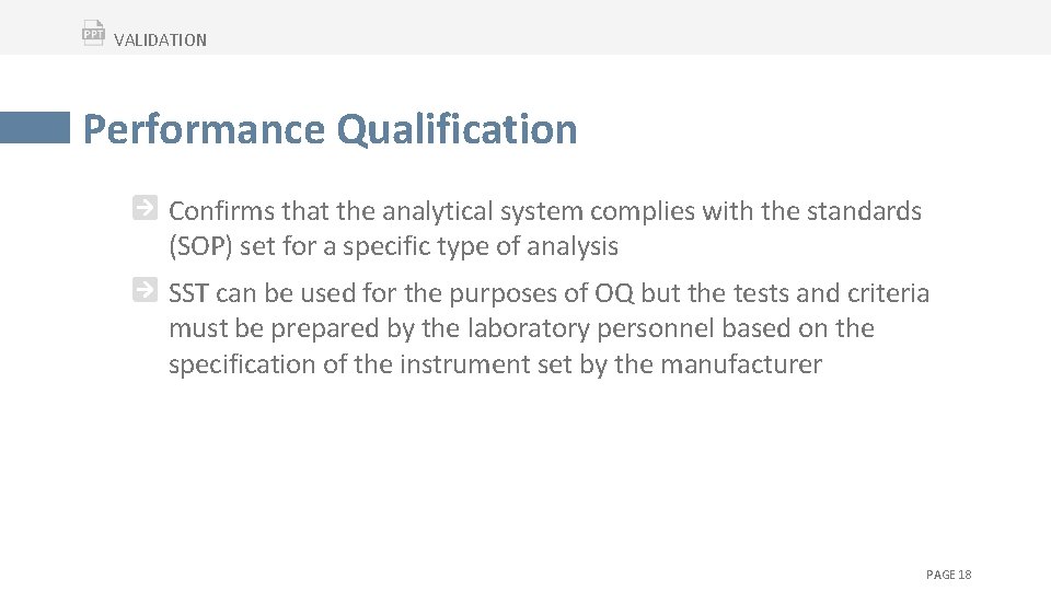 VALIDATION Performance Qualification Confirms that the analytical system complies with the standards (SOP) set