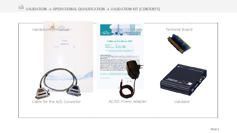 VALIDATION → OPERATIONAL QUALIFICATION → VALIDATION KIT (CONTENTS) Validation Kit manual Validator Certificate Cable