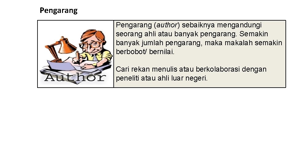 Pengarang (author) sebaiknya mengandungi seorang ahli atau banyak pengarang. Semakin banyak jumlah pengarang, makalah