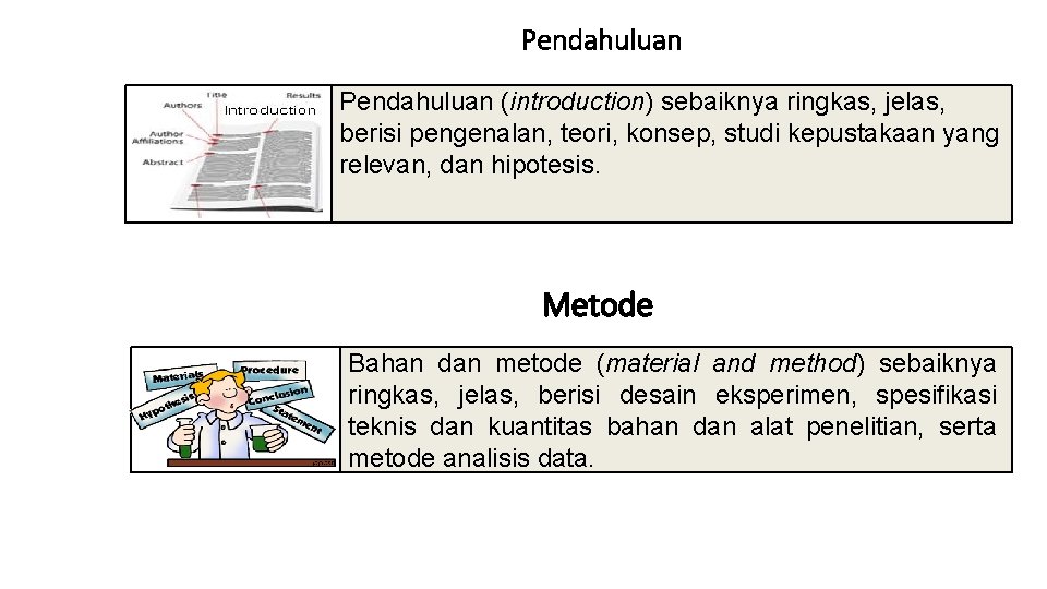 Pendahuluan (introduction) sebaiknya ringkas, jelas, berisi pengenalan, teori, konsep, studi kepustakaan yang relevan, dan