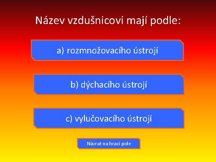 Název vzdušnicovi mají podle: a) rozmnožovacího ústrojí b) dýchacího ústrojí c) vylučovacího ústrojí Návrat