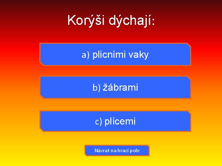 Korýši dýchají: a) plicními vaky b) žábrami c) plícemi Návrat na hrací pole 