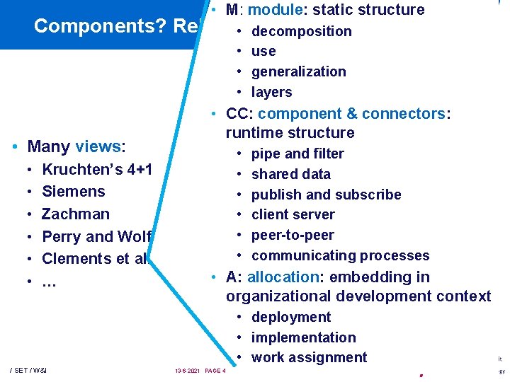 • M: module: static structure Components? Relations? • decomposition • use • generalization • M: module: static structure Components? Relations? • decomposition • use • generalization
